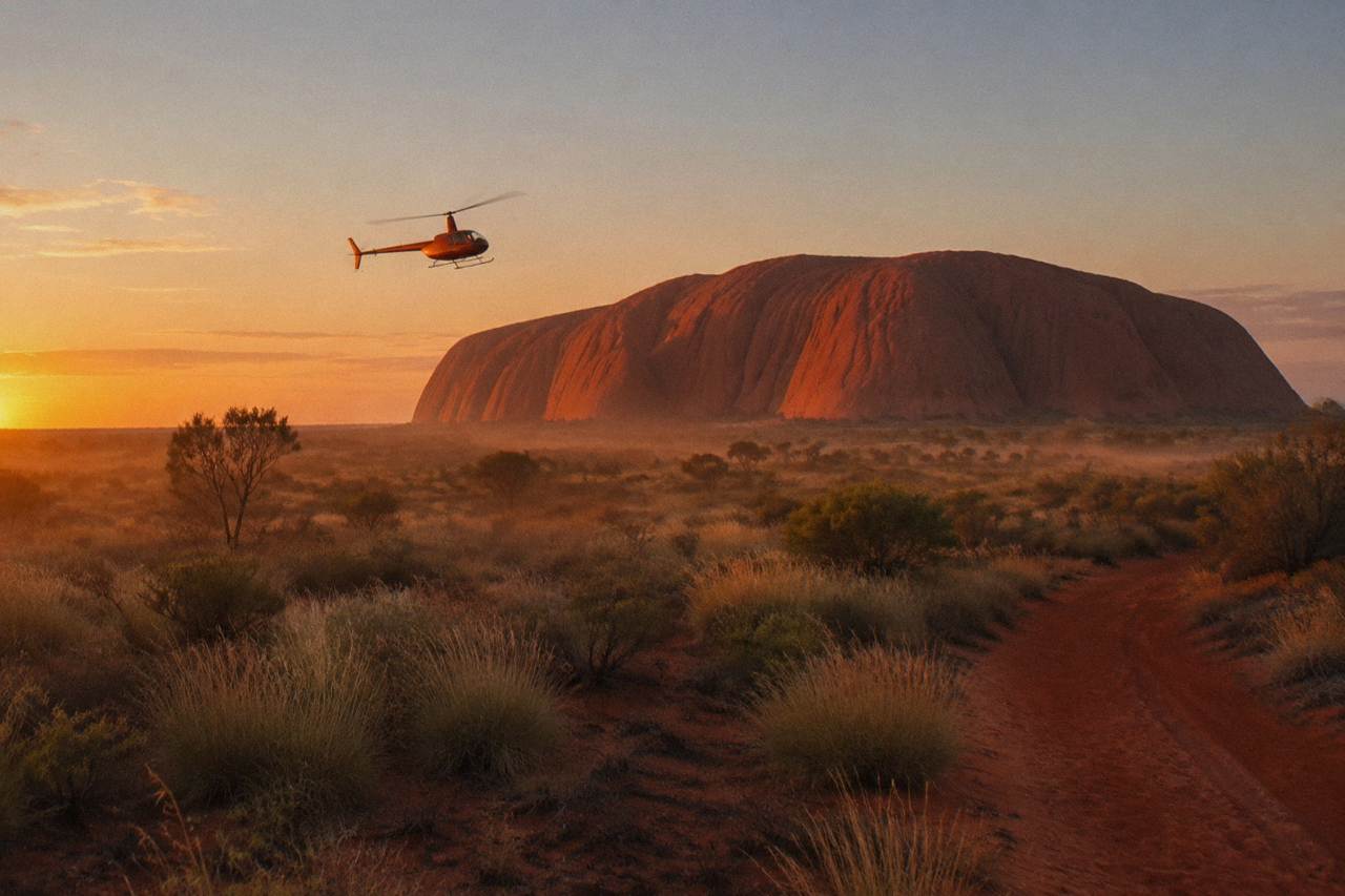 Helicopter flying over Uluru at sunset with the rock glowing red