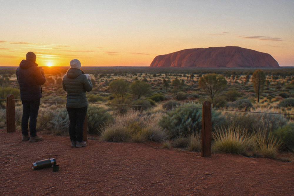 Visitors in warm jackets holding hot drinks watching sunrise light spread over Uluru