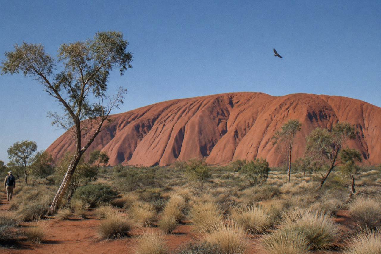 The red rock face of Uluru rising above desert scrub under a wide blue sky