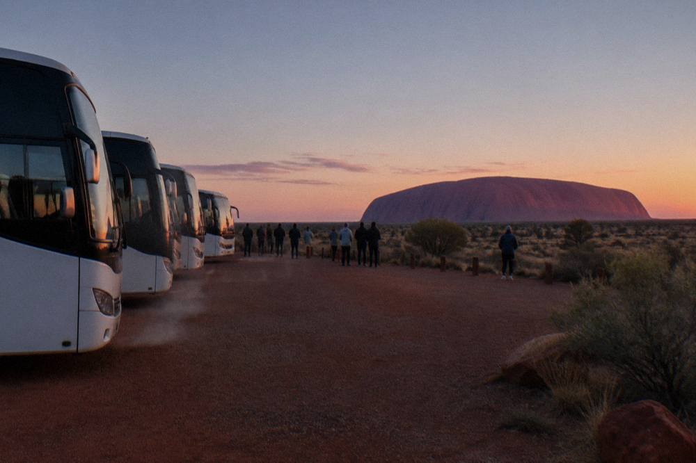 Coaches parked at a sunrise viewing area looking toward Uluru at dawn