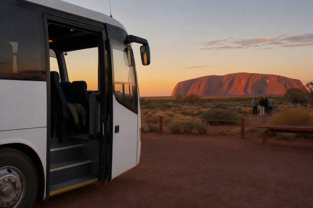 Coach parked at a sunrise viewing area overlooking Uluru in warm early light