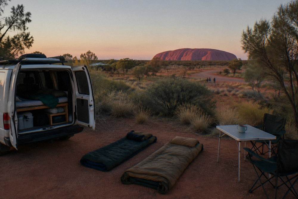 Campervan and swags set out at a desert campground under a wide open sky
