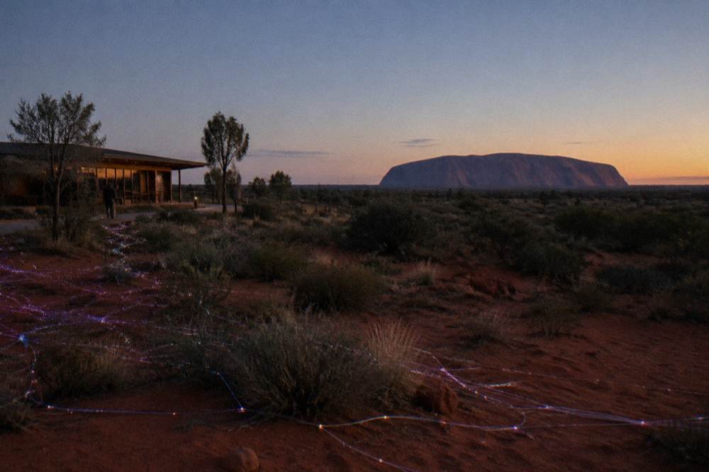Fibre optic lights glowing softly across desert sand with a faint glow on the horizon before sunrise