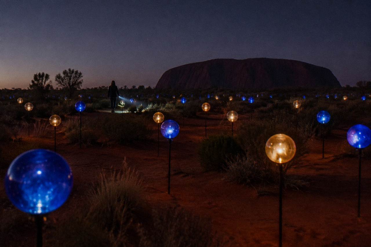 Rows of coloured lights glowing across red desert sand at night with Uluru on the horizon