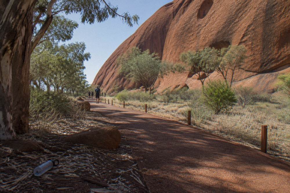 A marked walking track curving along the base of Uluru past smooth weathered rock and scattered gum trees