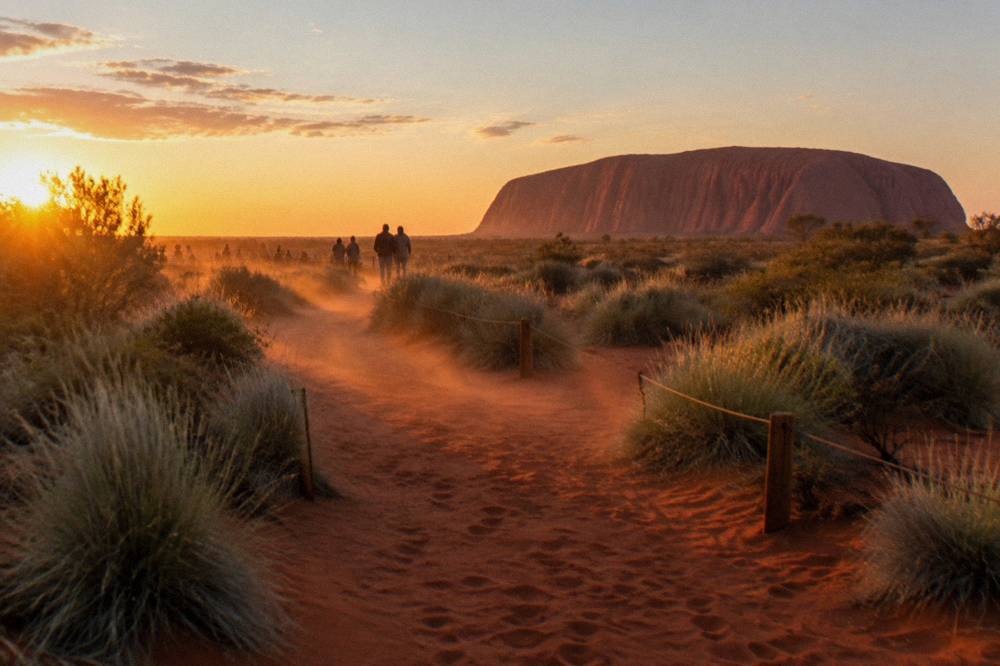 Desert dune path in warm late light with red sand and low spinifex grass