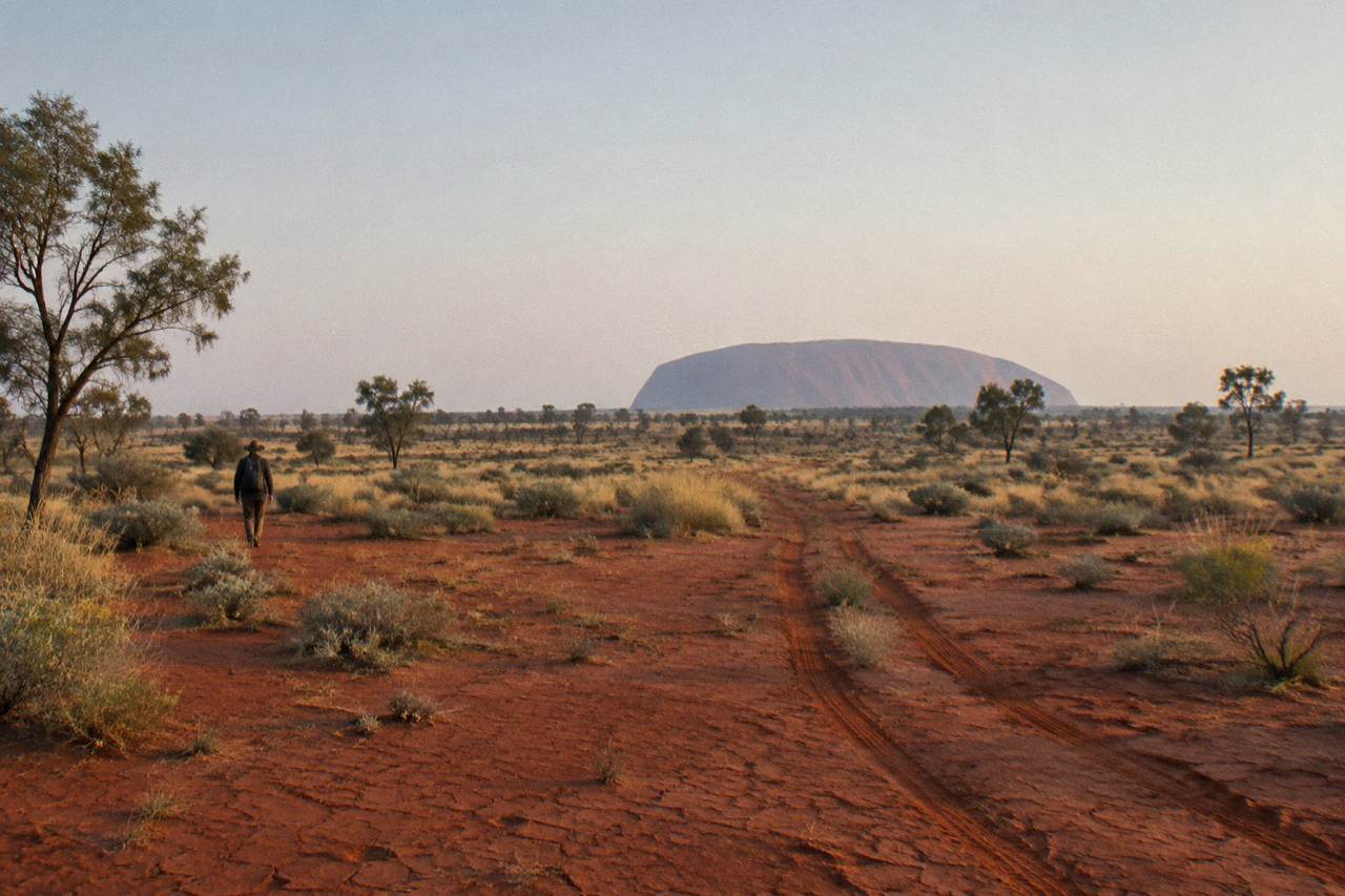 Red desert plain with Uluru rising in the distance under a pale morning sky