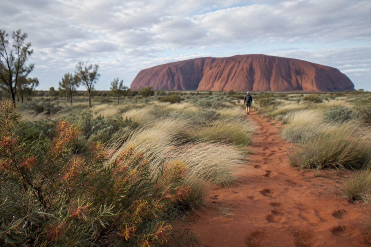 Uluru rising above red sand and spinifex plains under a wide desert sky