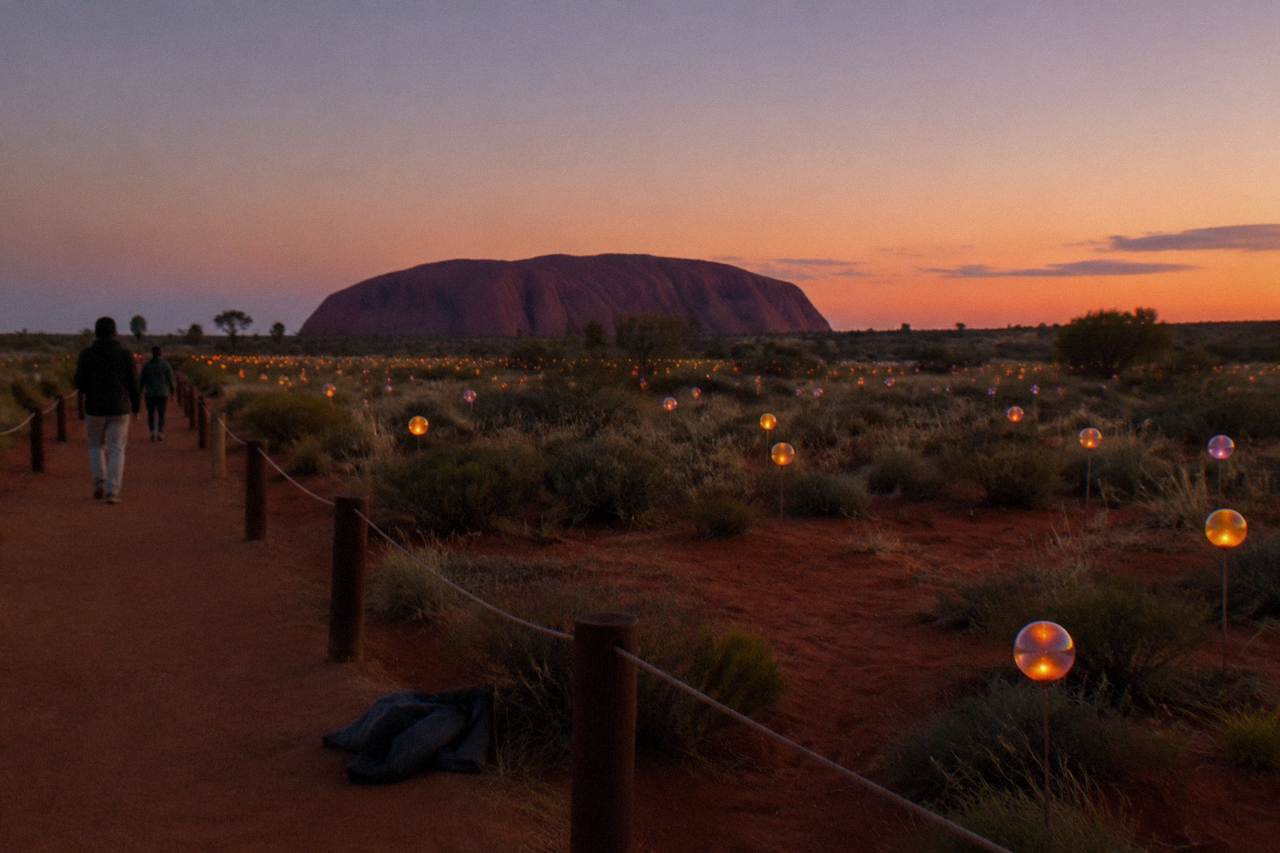 Glowing coloured lights spread across red desert sand at dusk near Uluru