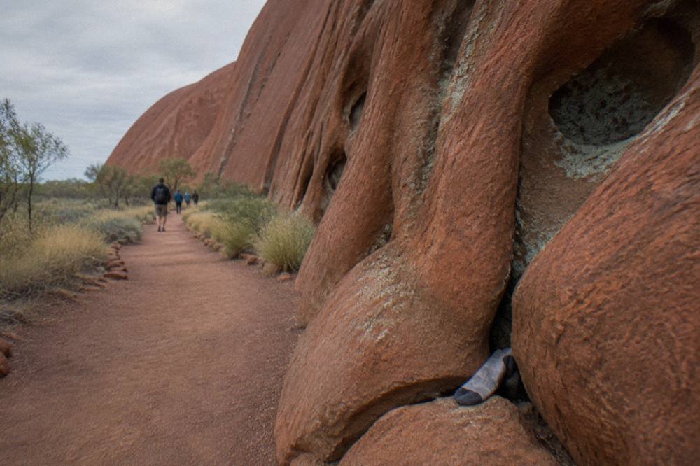 Close view of weathered red sandstone folds along the base of Uluru