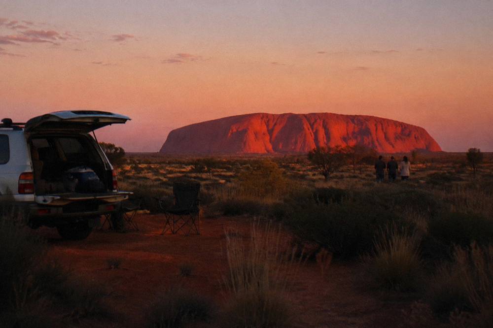 Uluru at sunset glowing deep orange across the desert horizon