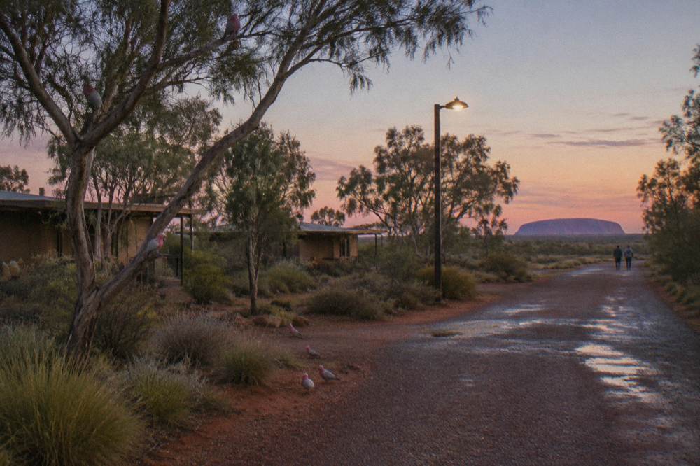 Desert plain stretching toward Uluru under a wide open sky at first light