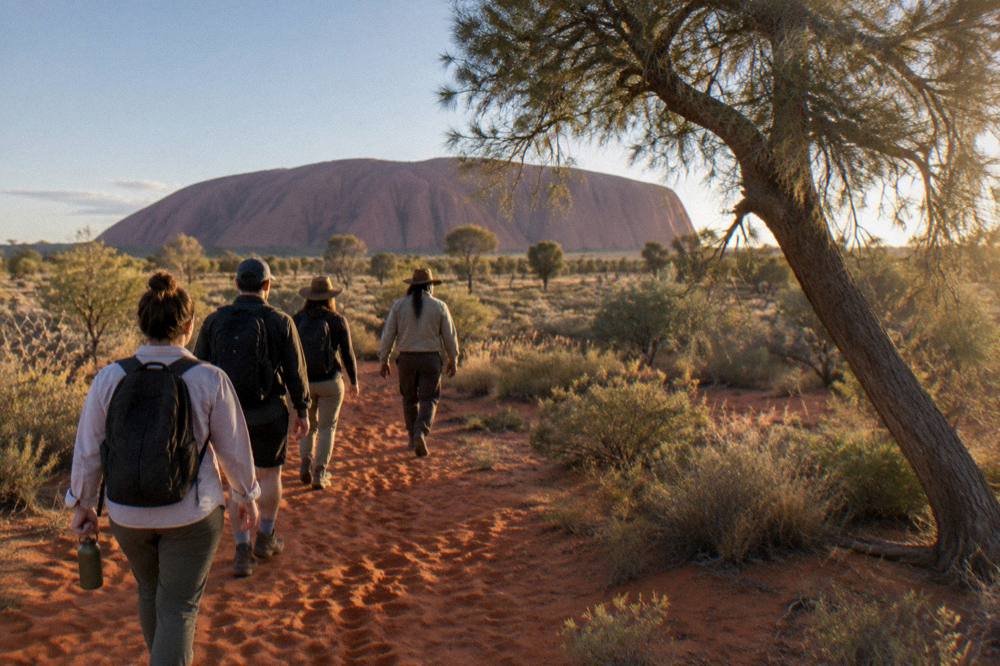 Small group walking with an Indigenous guide across red sand near a desert oak