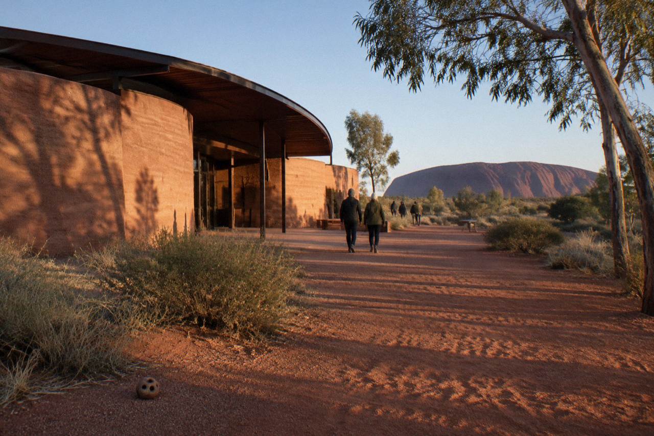 Uluru-Kata Tjuta Cultural Centre building with red earth and desert vegetation