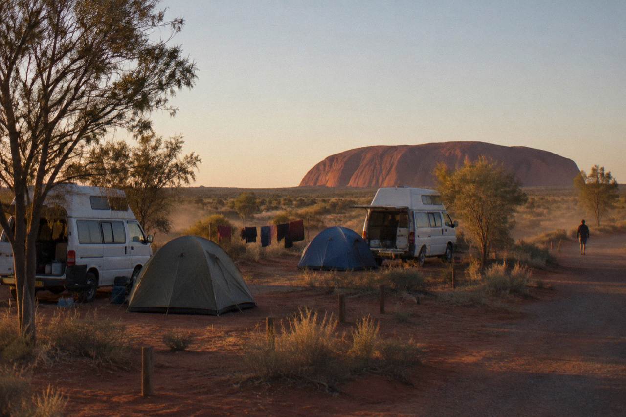 Campervans and tents spaced across a red dirt campground under a wide desert sky