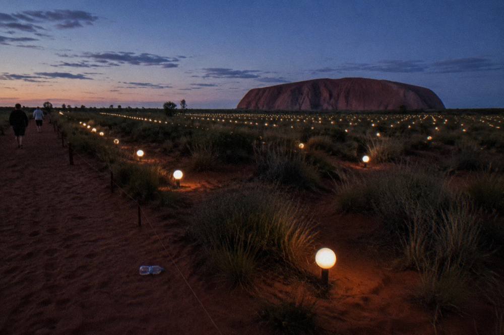 Rows of softly glowing coloured spheres stretching across flat red sand under a dark sky