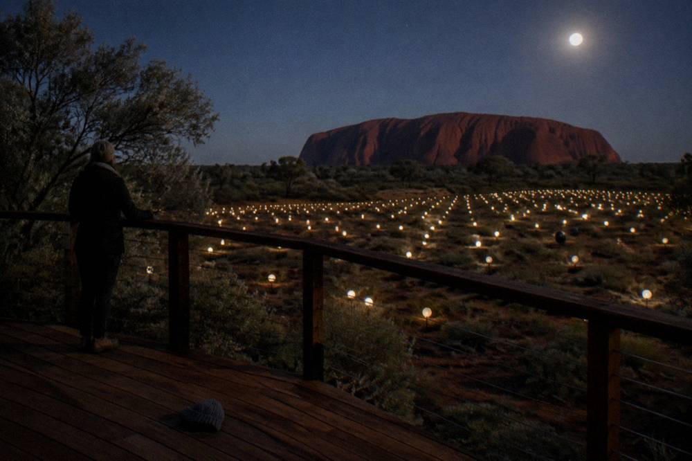 Viewing platform overlooking a vast field of small glowing lights on dark desert ground