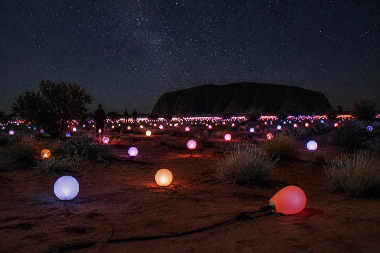 Glowing coloured lights spread across red desert sand near Uluru at night