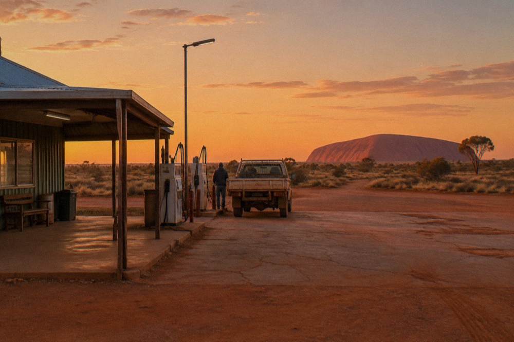 A roadhouse standing alone beside the highway under a wide desert sky