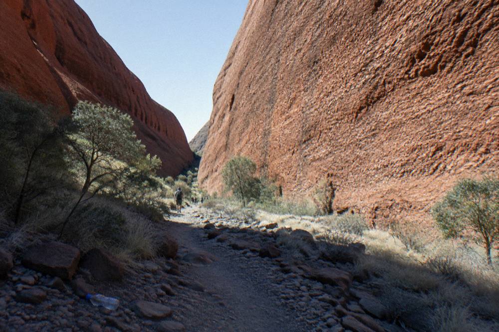 A stony walking track winding between tall red rock walls inside a Kata Tjuta gorge
