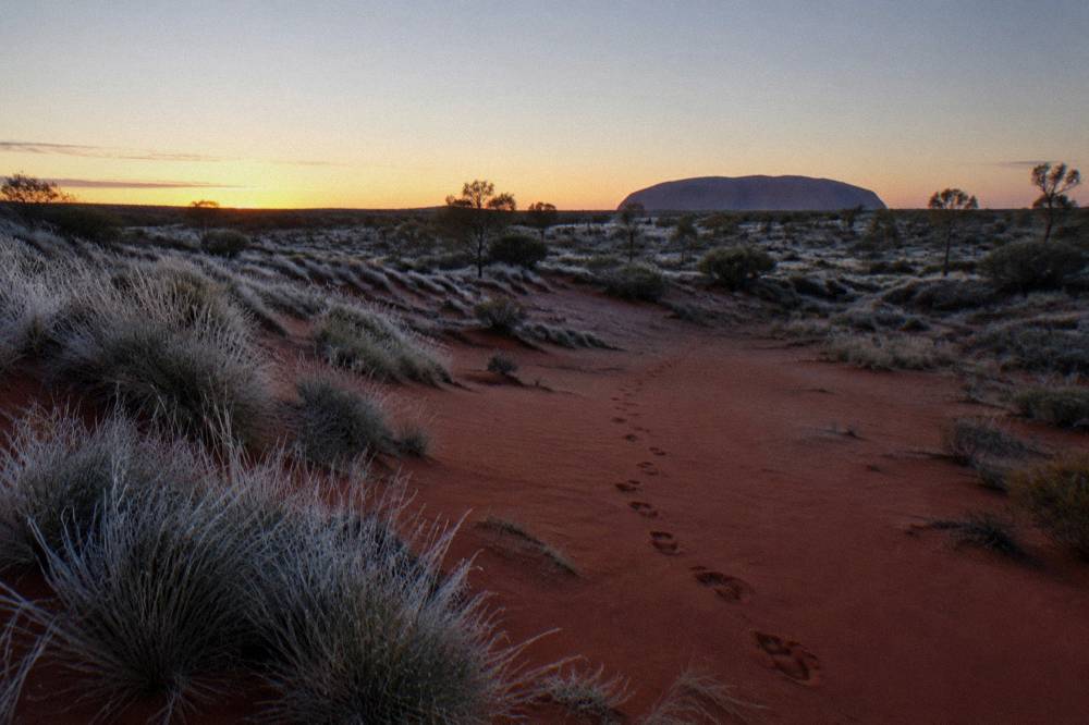 Low red sand dunes under a pale dawn sky with distant rock silhouette