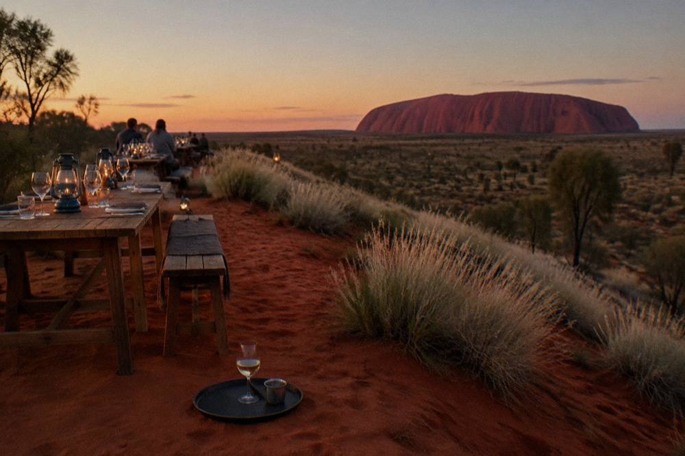 Long dining tables lit by lanterns on a red sand dune at dusk