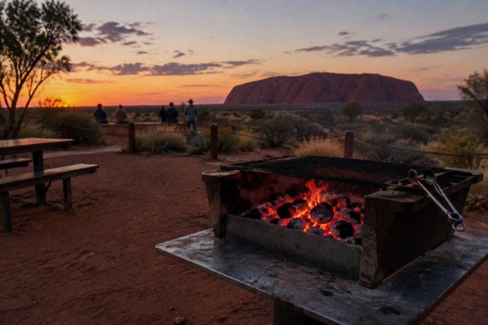 Barbecue grill glowing at an outdoor dining area in the red desert at dusk