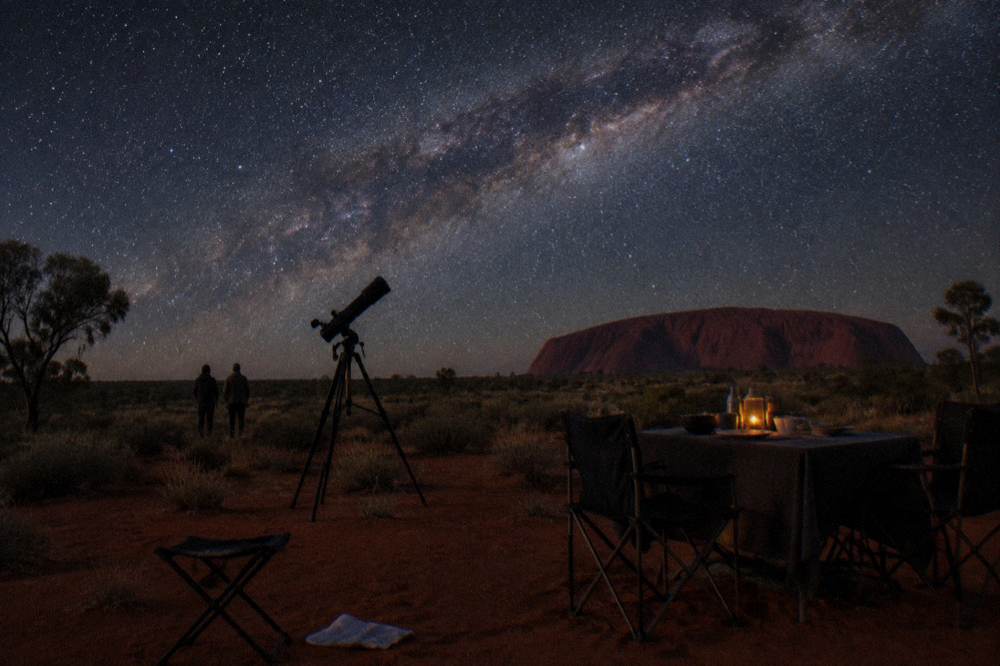 Telescope silhouette against a star-filled desert sky at an outdoor dining event