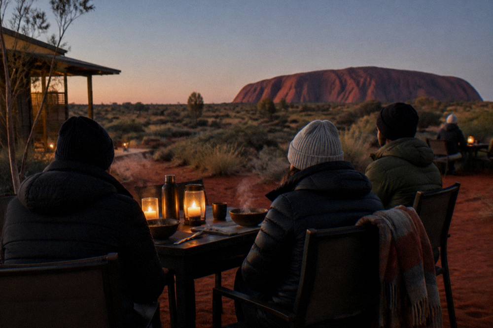 Guests in warm jackets seated at an outdoor dinner table in the desert after dark