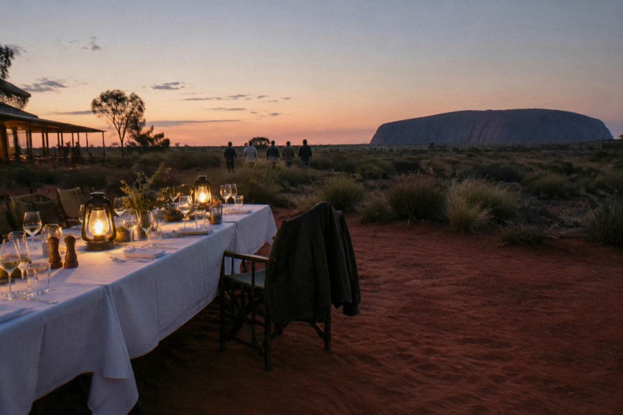 Desert dining table set with wine glasses under a dark Outback sky near Uluru