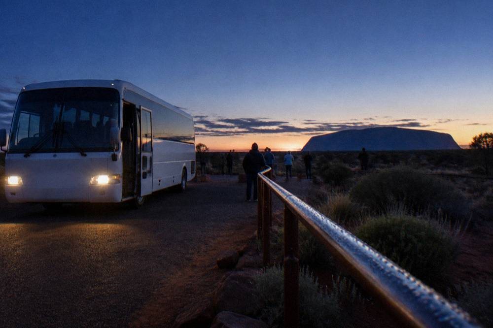 A coach parked at a sunrise viewing area before dawn, headlights on, rock formation silhouetted ahead