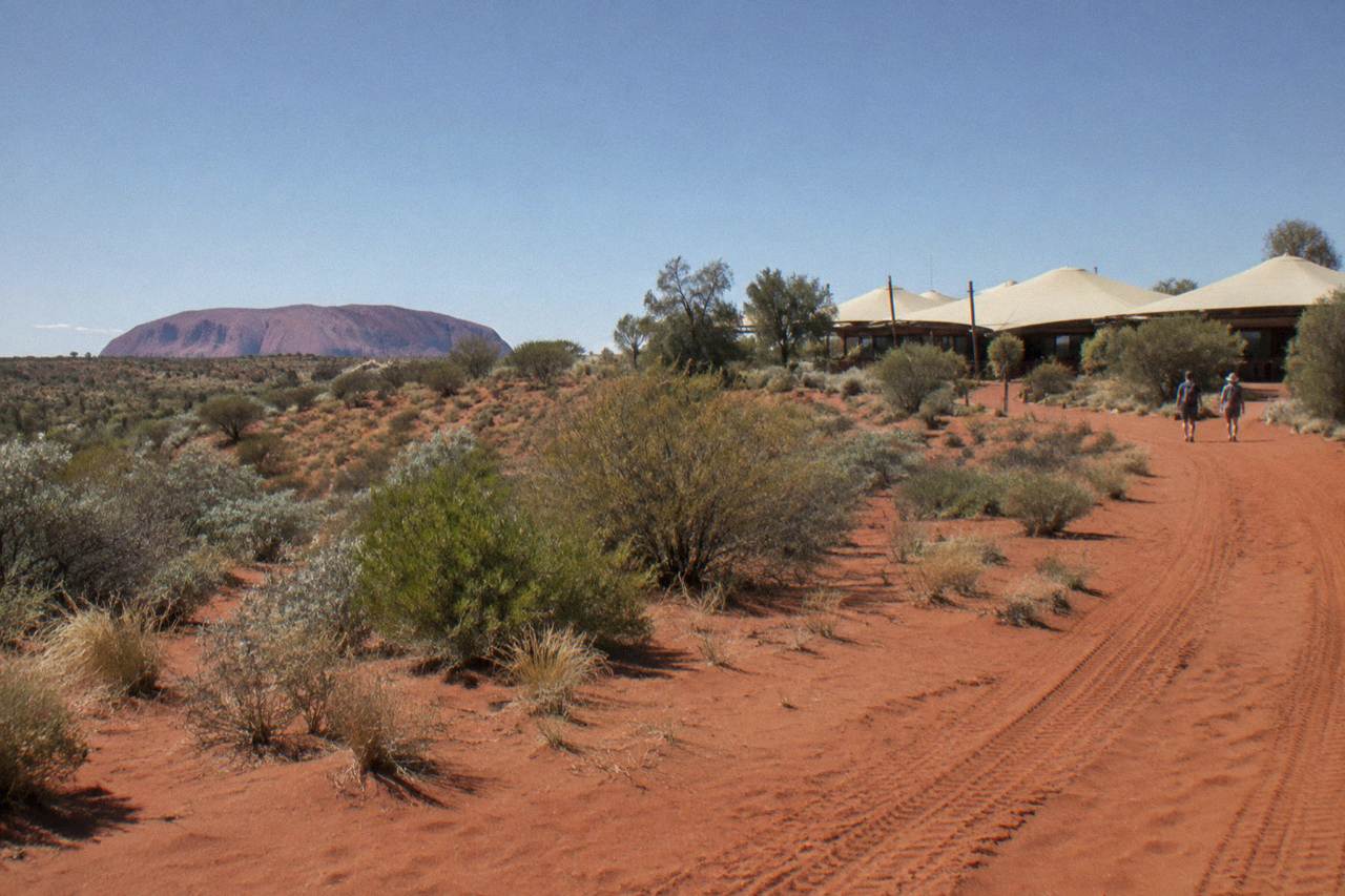 Red desert dunes and low scrub under a wide blue sky near Yulara at midday