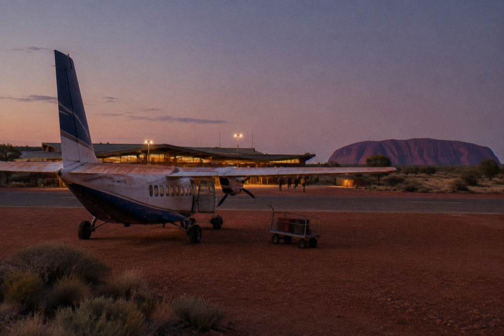 Small light aircraft on a red dirt airstrip beside a low terminal building at dusk