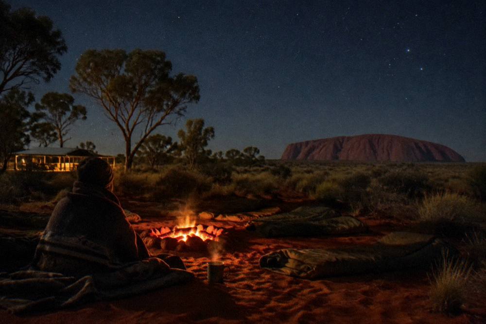 Swags rolled out beside a campfire under a wide star-filled desert sky