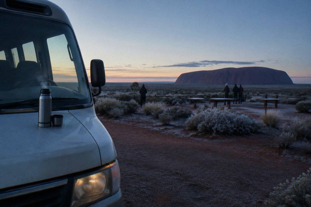 A shuttle bus at a desert lookout area at dawn with red sand and sparse scrub