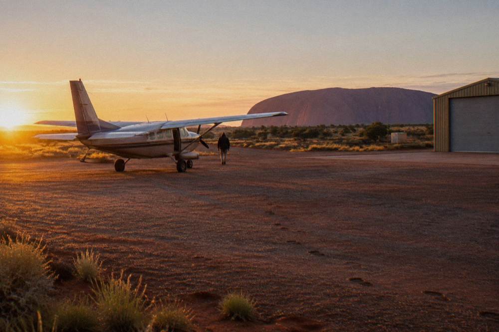 A light aircraft on a small outback airstrip under a wide open sky at golden hour