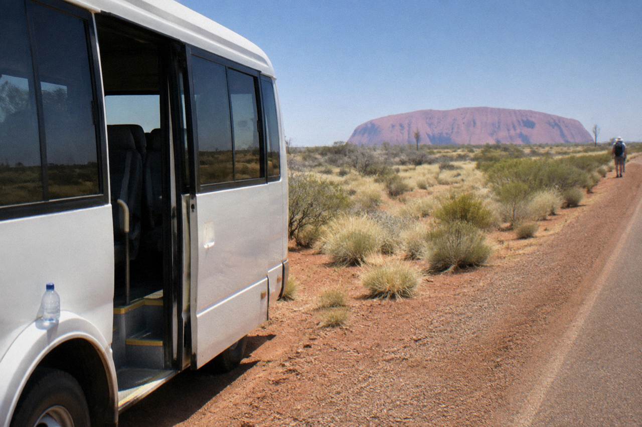A shuttle bus parked on a red desert road with Uluru rising in the distance under a wide blue sky