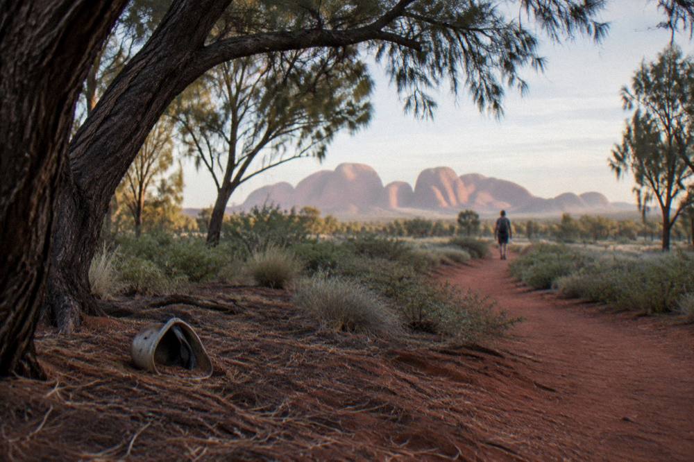 A quiet desert path curving toward distant rock domes under a pale morning sky