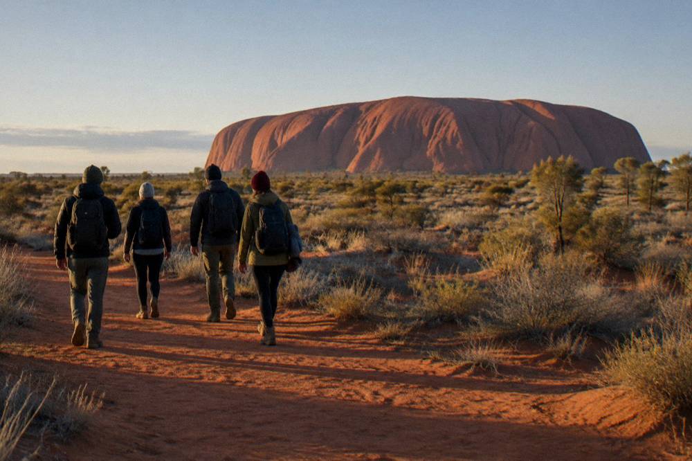 Small group of walkers on a desert path near Uluru at sunrise with long shadows across red earth