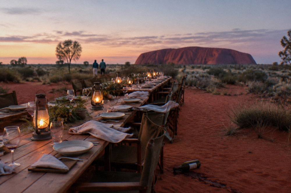 Long tables set for an outdoor barbecue dinner in red desert sand at dusk