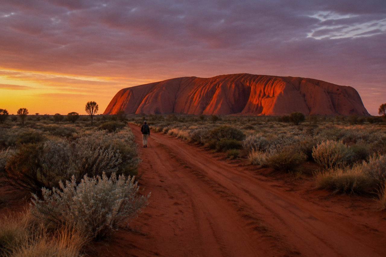 Uluru glowing red at sunset across open desert plain with scattered shrubs