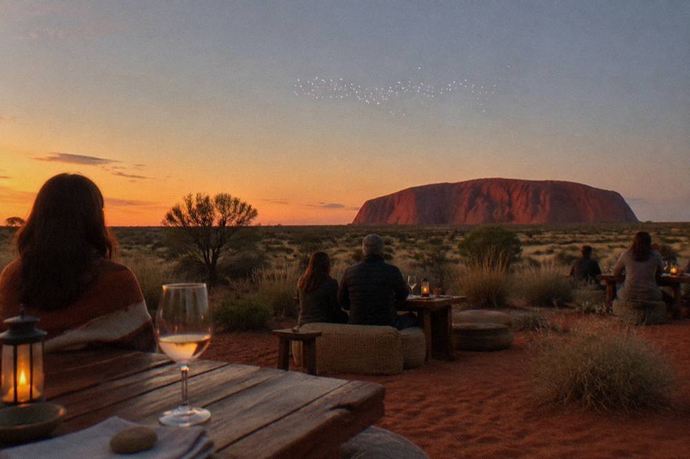Diners seated at low tables on a dune watching coloured lights above the desert