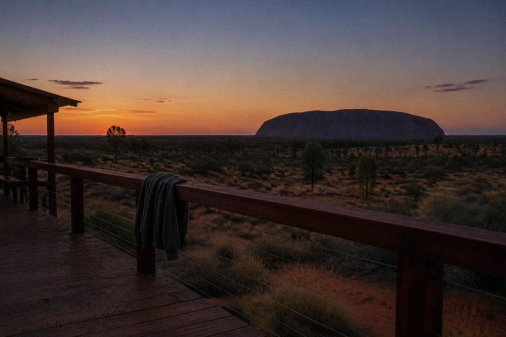 A wide desert horizon at dusk with a resort viewing platform and distant rock silhouette
